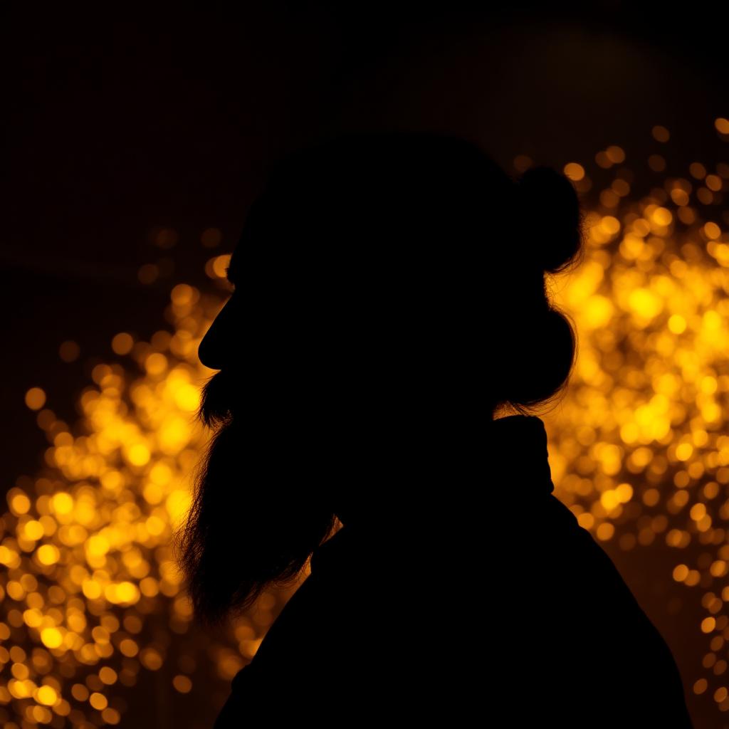 Silhouette portrait of a man with golden bokeh light